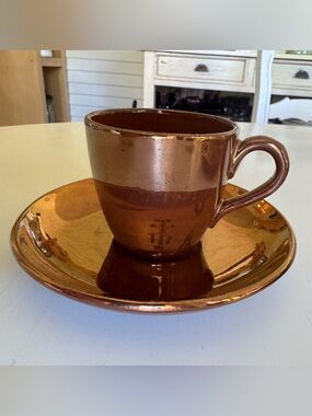 Antique French Sarreguemines Copper Luster Demitasse 2 Sets plus extra cup